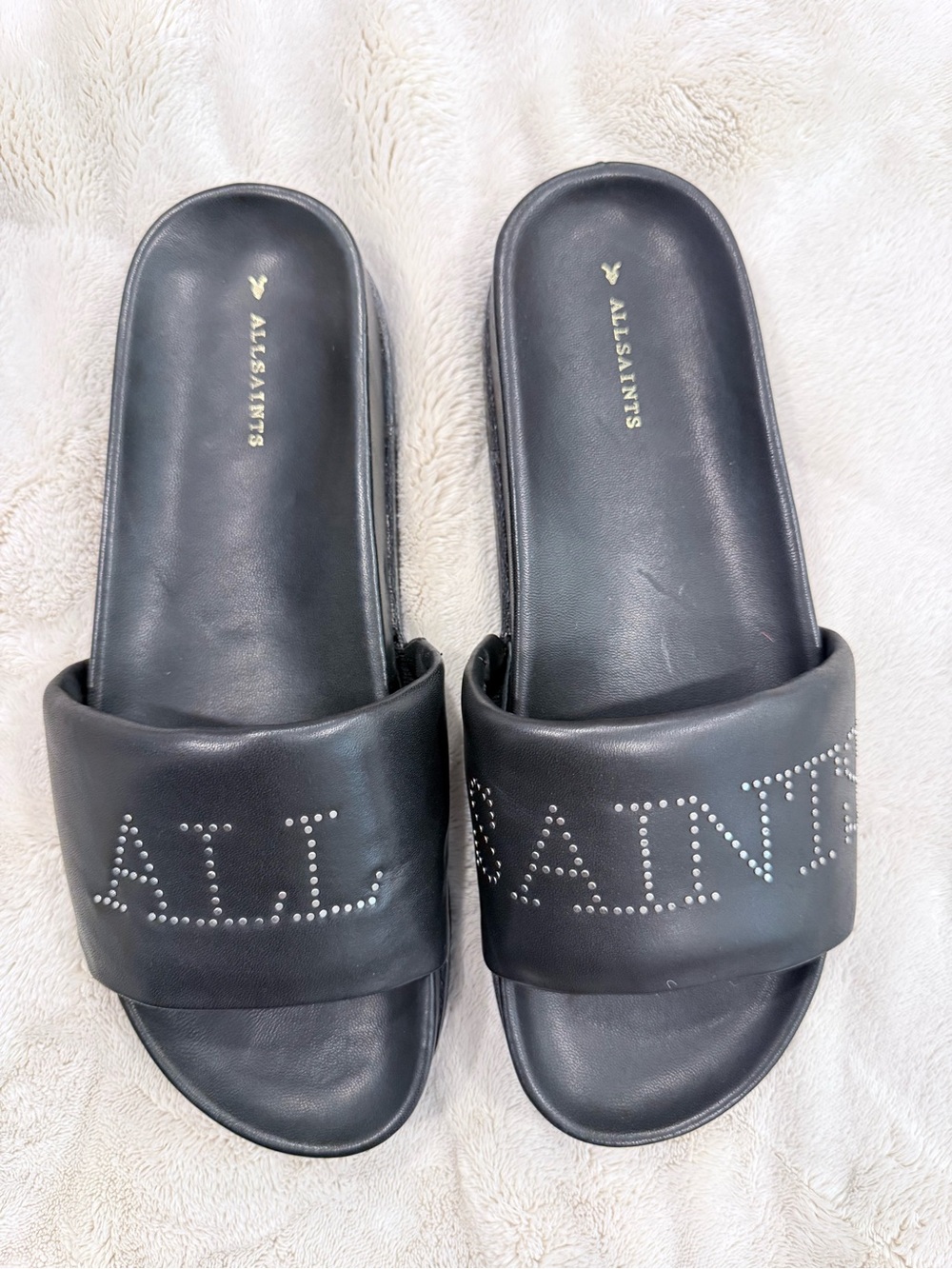 All Saints Black Leather Studded Logo Slide Sandals